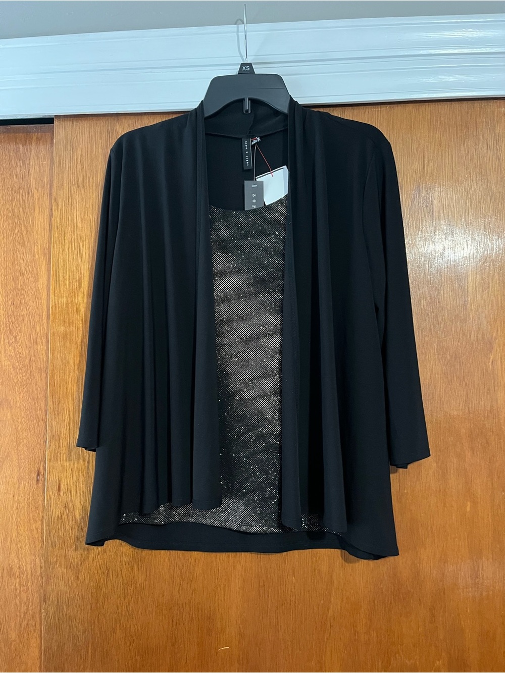 Black Open-Front Women's Top with Sparkle Shell